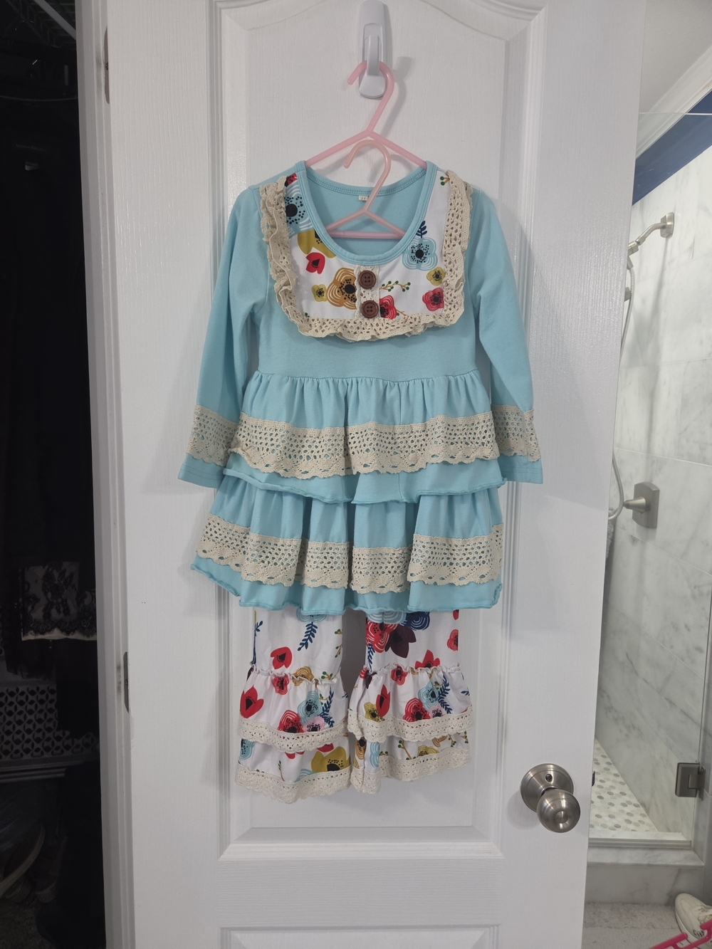 Girls Light Blue Tiered Top & Floral Pants Set
